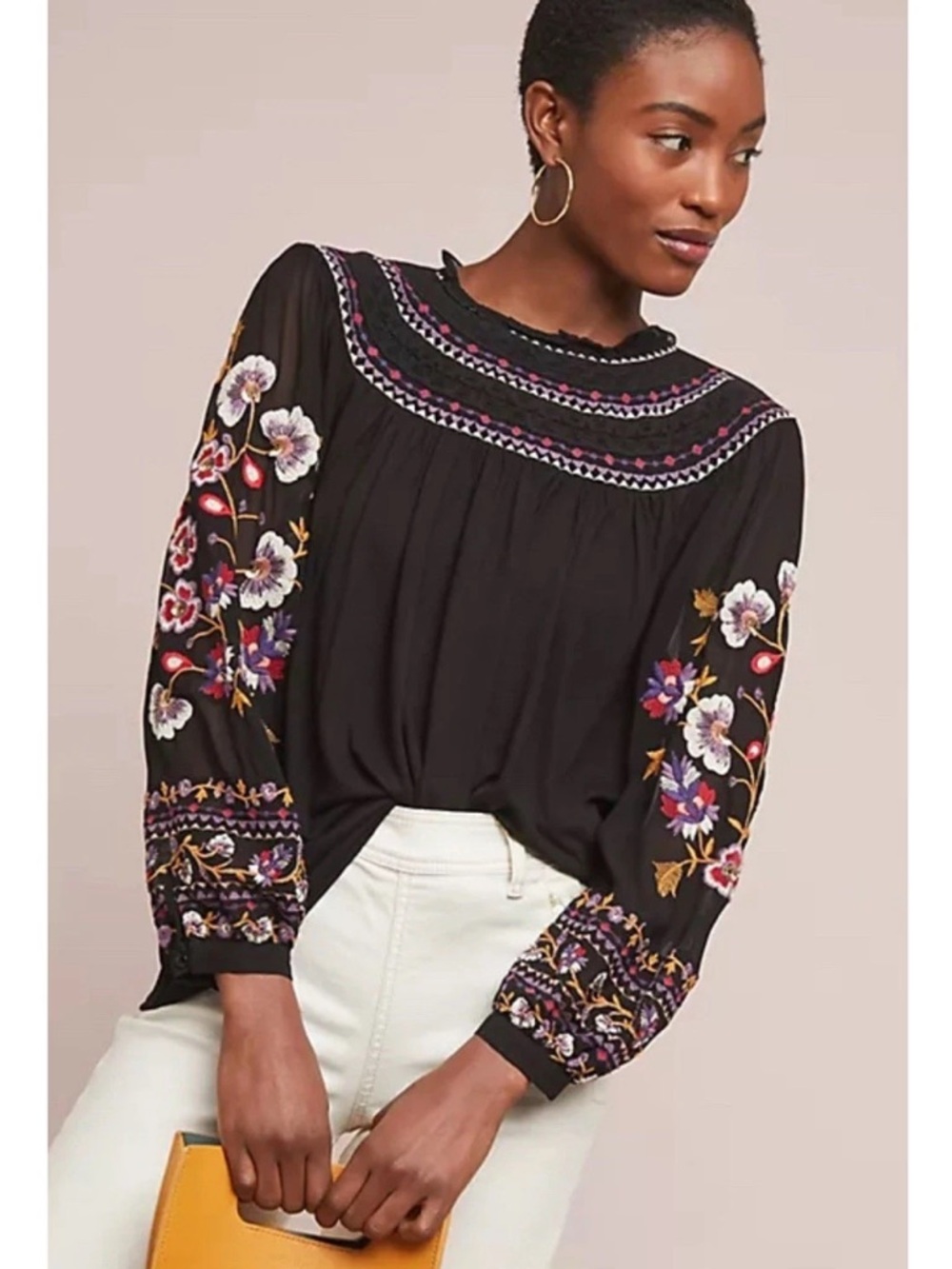Anthropologie Akemi + Kin Louise Embroidered Boho Top Balloon Sleeves Size XS